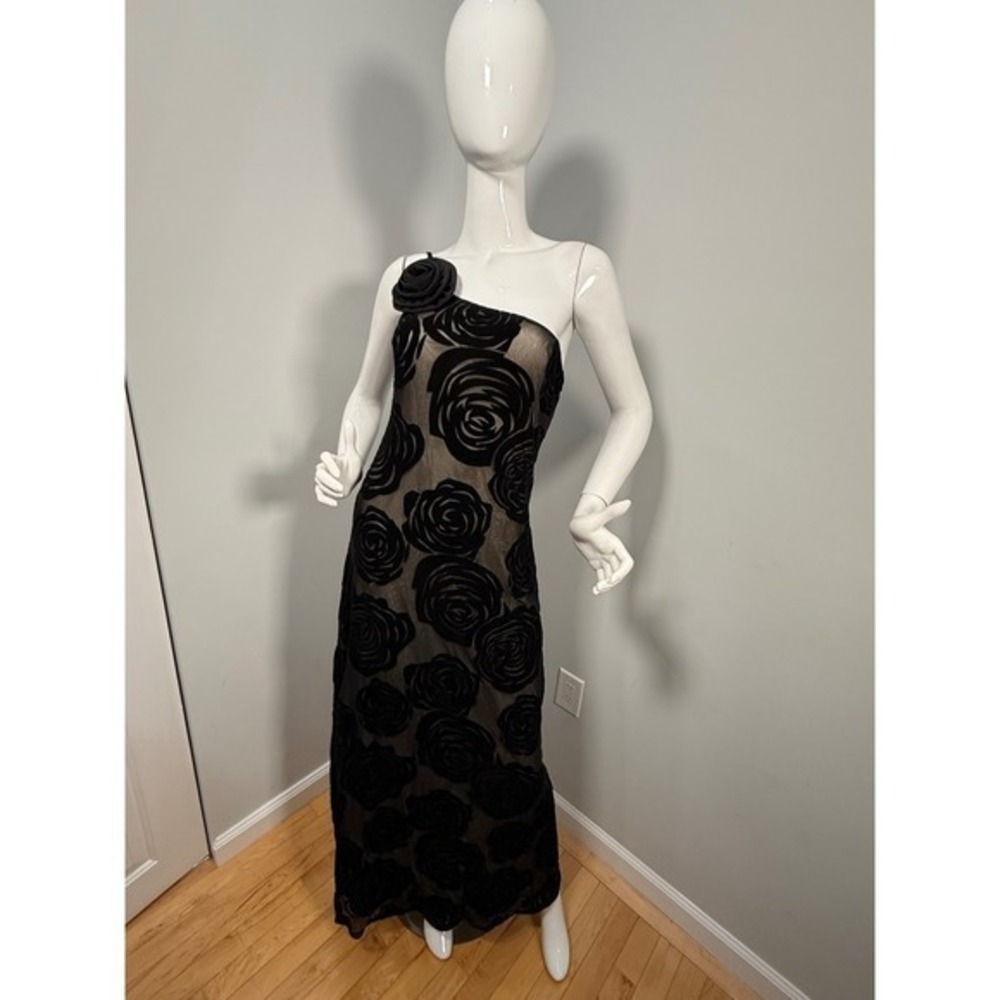 COMMENSE Jacquard Floral Asymmetrical Black Maxi Dress 3D Rose Evening Gown M - Picture 6 of 15